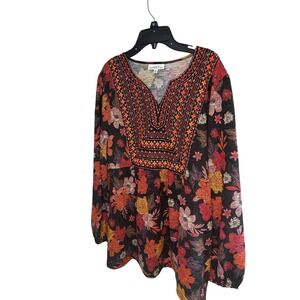 Catalog Favorites Women Embellished V Neck Floral Print Long Sleeve Tunic Top M